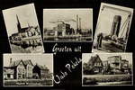 Ansichtkaart met karakteristieke gebouwen in Oude Pekela.
<br/>
Particuliere collectie, jaren 60/70?
